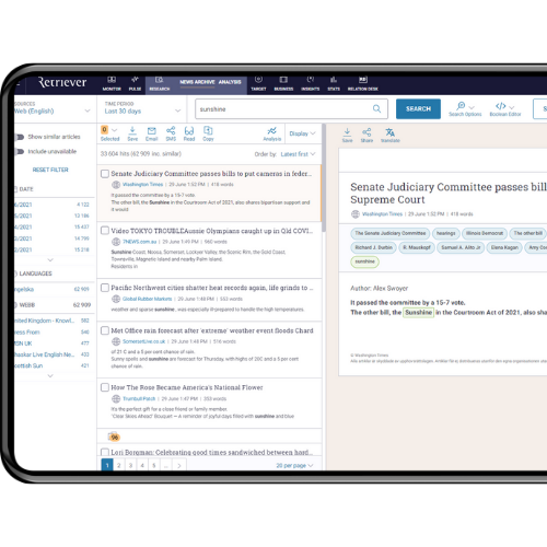 Näkymä Research-tuotteen uutisarkistosta iPadilla.